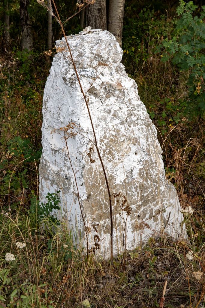 A weathered white stone marker partially covered in grass and surrounded by shrubbery and trees.