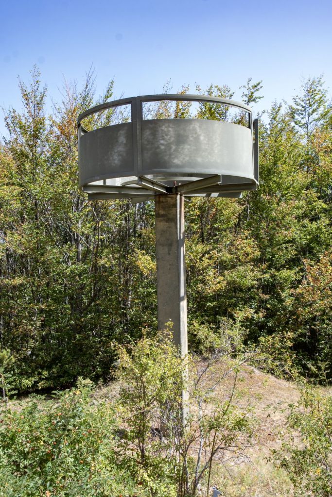 A cylindrical observation platform supported by a concrete pole, surrounded by trees and greenery under a clear blue sky.