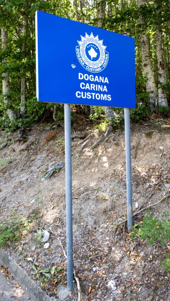 A blue sign for 'Dogana Carina Customs' accompanied by a logo, set against a backdrop of trees and foliage.
