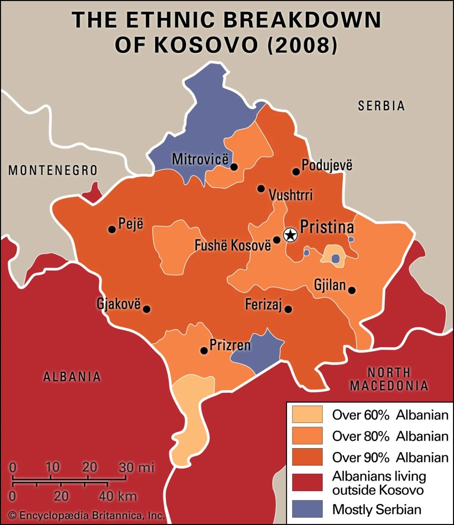 Map showing the ethnic breakdown of Kosovo in 2008, highlighting regions with varying percentages of Albanian population in orange shades and Serbian populations in red.