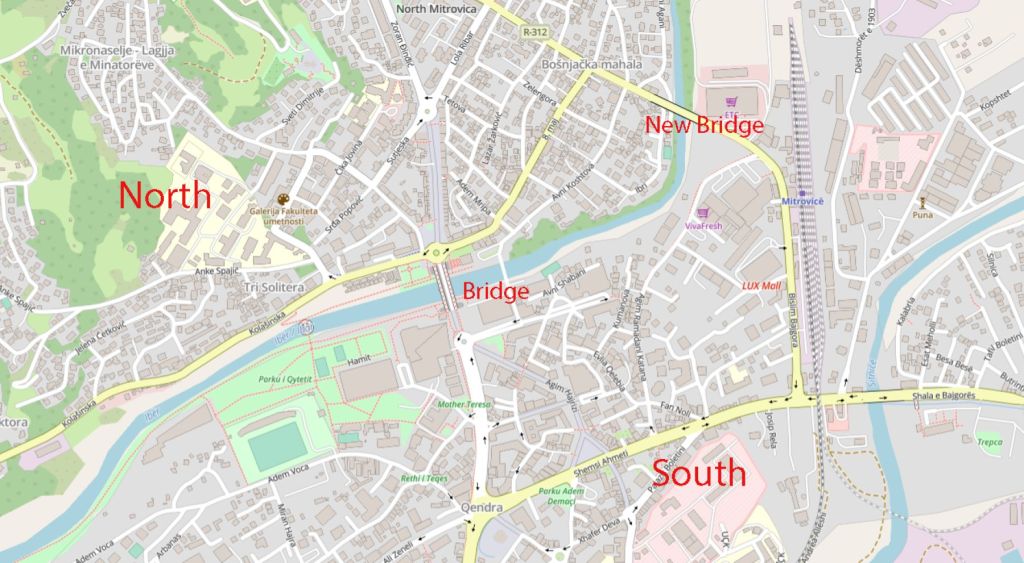 Map of Mitrovica with directional labels 'North', 'Bridge', 'New Bridge', and 'South'.