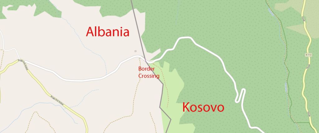 Map showing the border between Albania and Kosovo with a marked border crossing.