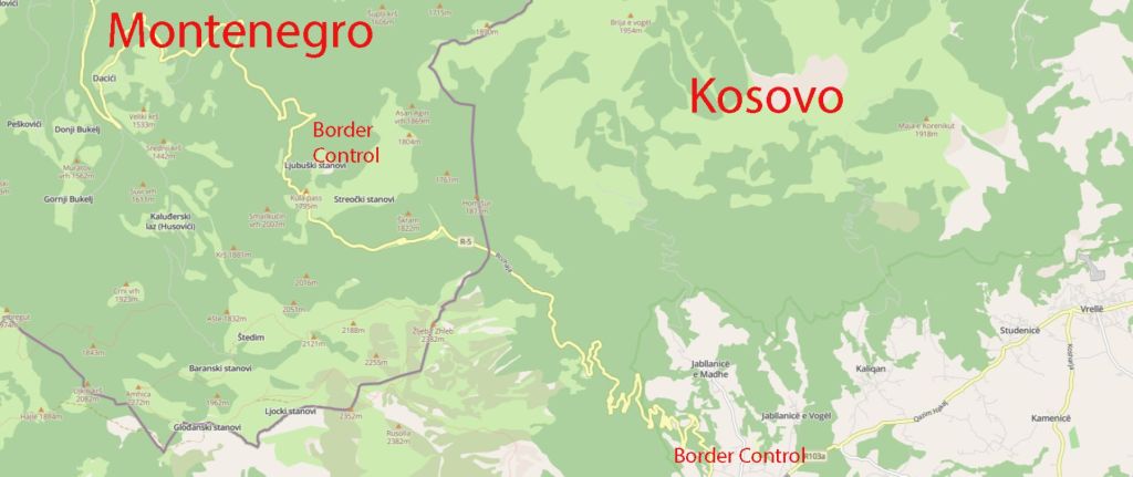 Map showing the border between Montenegro and Kosovo, with 'Border Control' indicated on both sides.