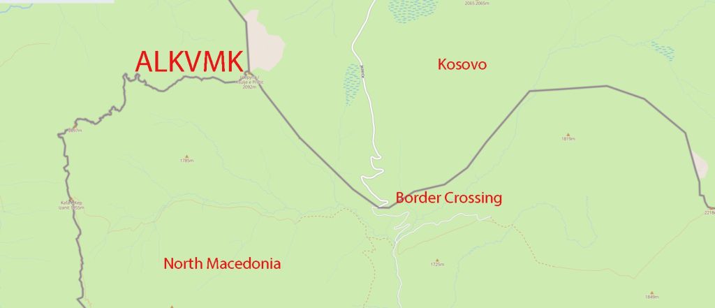 Map showing the border crossing between North Macedonia and Kosovo, labeled with 'ALKVMK' and 'Border Crossing'.